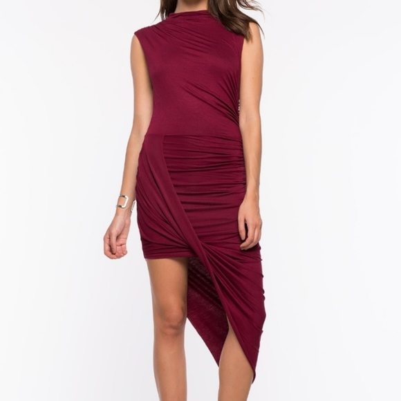 A'GACI Wine Ruched Asymmetrical Dress - Picture 4 of 7
